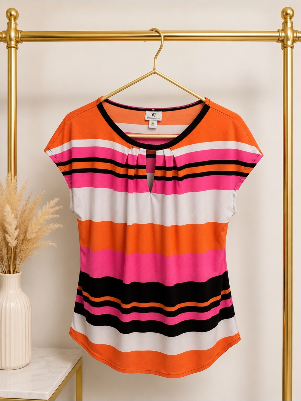 Worthington  Women's Orange & Pink Striped Keyhole Top .